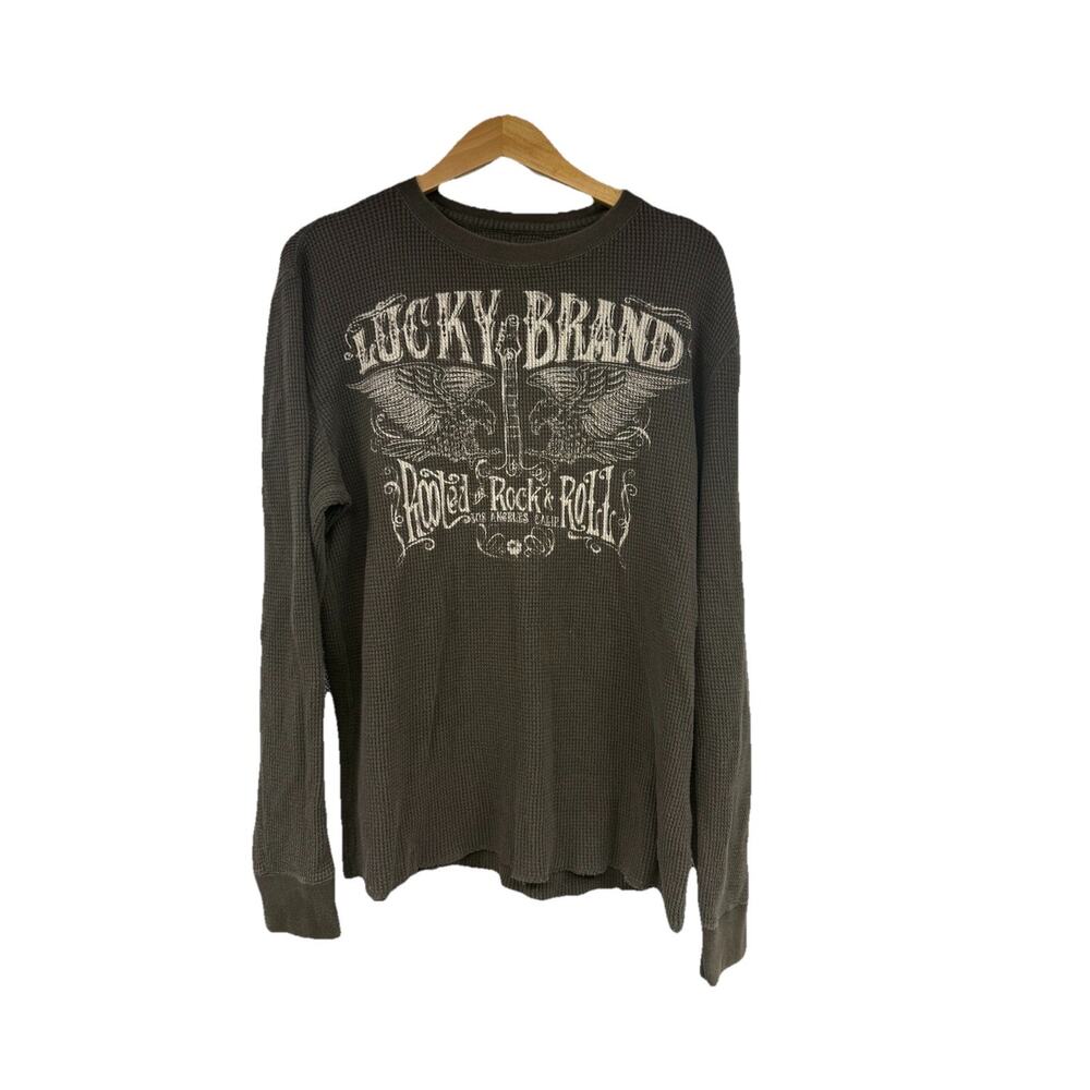 Lucky Brand Y2K Style Brown Waffle Knit Thermal Long Sleeve Graphic Shirt L‎